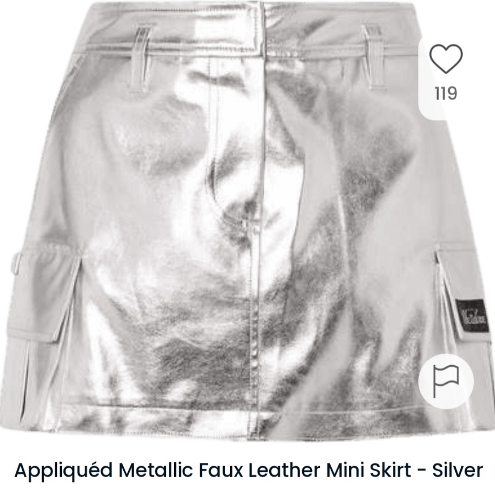 We11done Womens Mini Skirt Silver Faux Leather Cargo Combat Size 3 US 8 Kpop